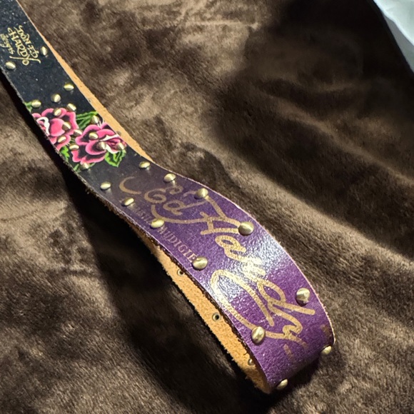 Ed Hardy Accessories - Beautiful Ed Hardy Floral Purple Leather Belt with Gold Studs